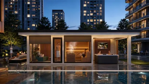 Outdoor premium sauna house in a private penthouse with panoramic view Outdoor premium sauna house in a private penthouse with panoramic view